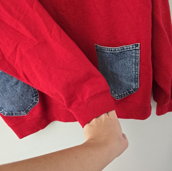 Vtg Handmade Upcycled Red Sweatshirt DENIM Hip Hop Jean Pockets XL - Picture 9 of 16